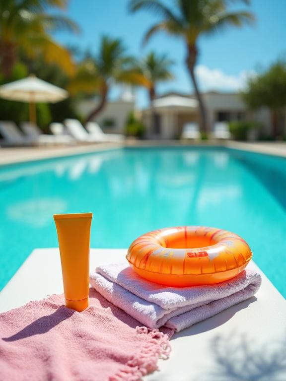 Pool day kit: sunscreen, towels, floatie